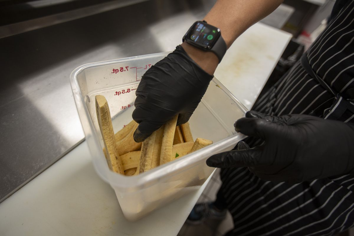 A person wearing black gloves reaches into a plastic bucket of peeled, raw green plantains