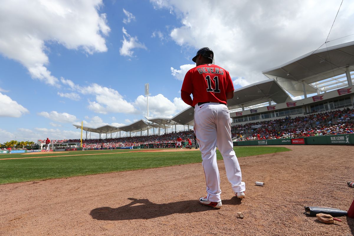 Boston Red Sox third baseman Rafael Devers (11) on deck to bat during the fourth inning against the St. Louis Cardinals at JetBlue Park.&nbsp;