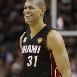Miami Heat's Shane Battier (31) reacts against the San Antonio Spurs during the second half at Game 5 of the NBA Finals basketball series, Sunday, June 16, 2013, in San Antonio. 