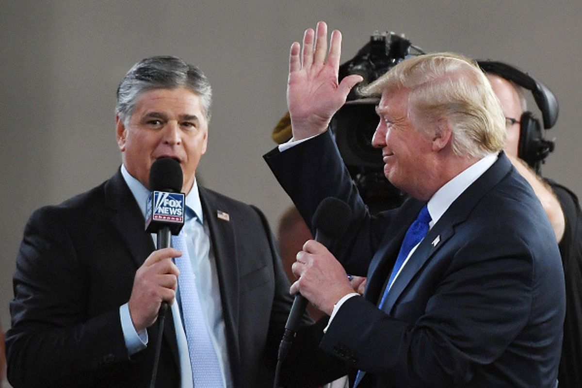 Fox News host Sean Hannity (L) interviews U.S. President Donald Trump before a campaign rally at the Las Vegas Convention Center on September 20, 2018 in Las Vegas, Nevada.
