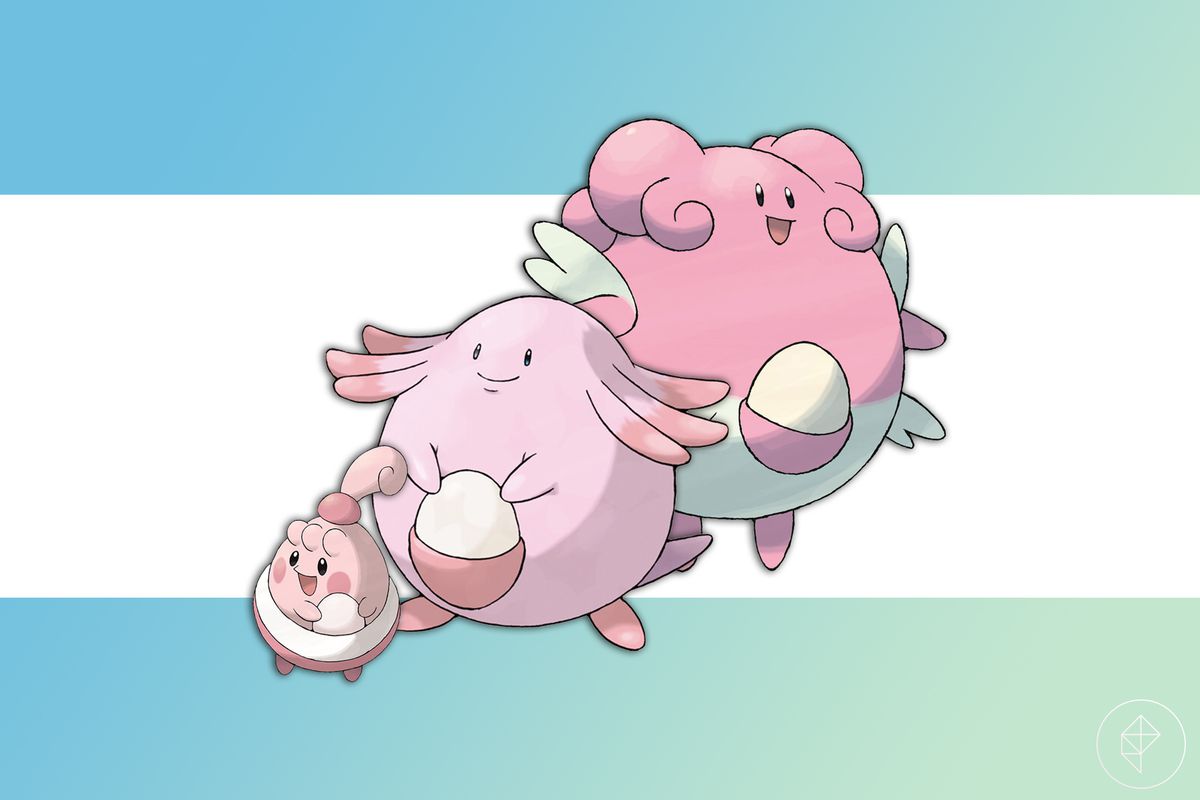 Happiny, Chansey, and Blissey all on a blue and green gradient background