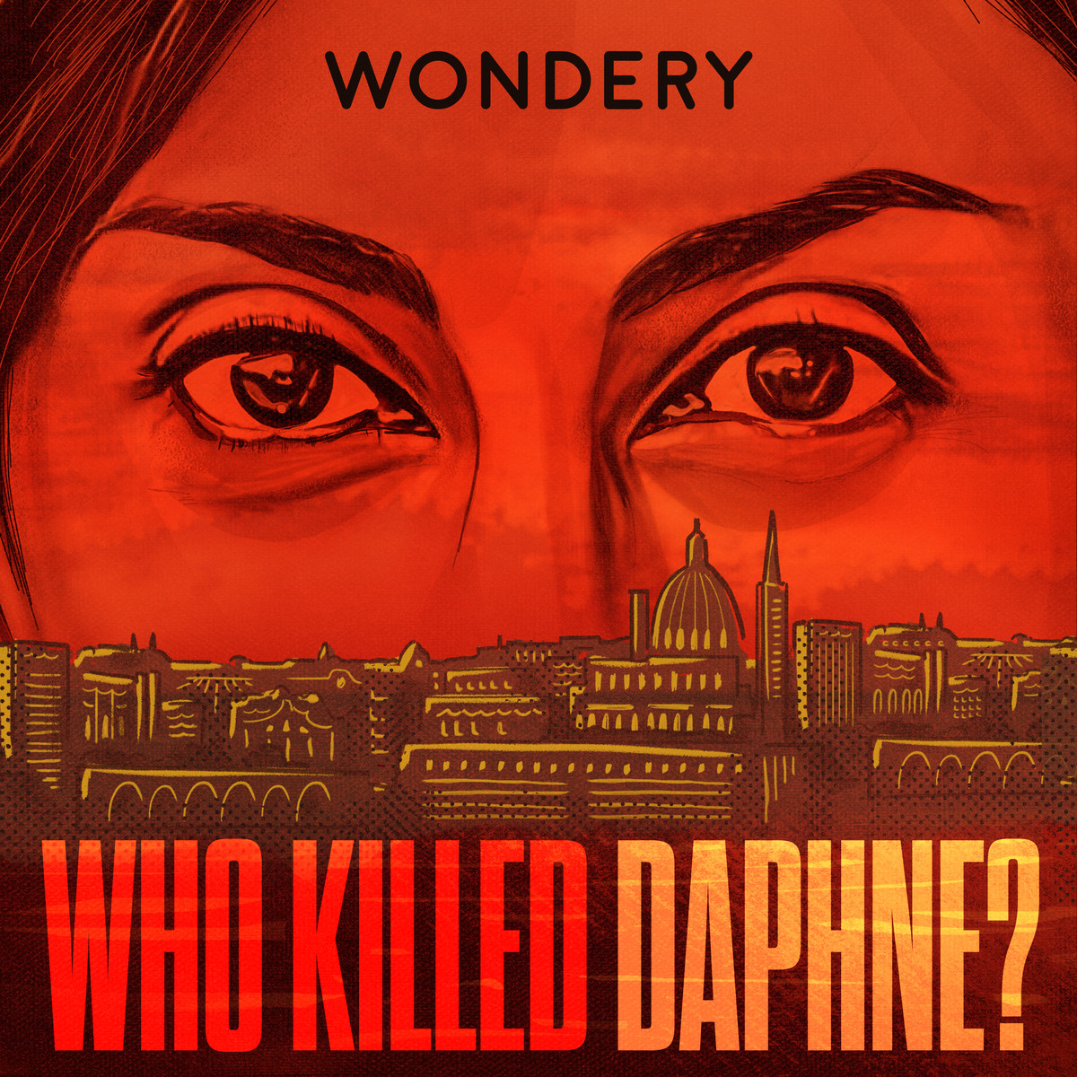 The cover art for the podcast Who Killed Daphne? —&nbsp;a drawing of a woman’s eyes above a drawing of a city