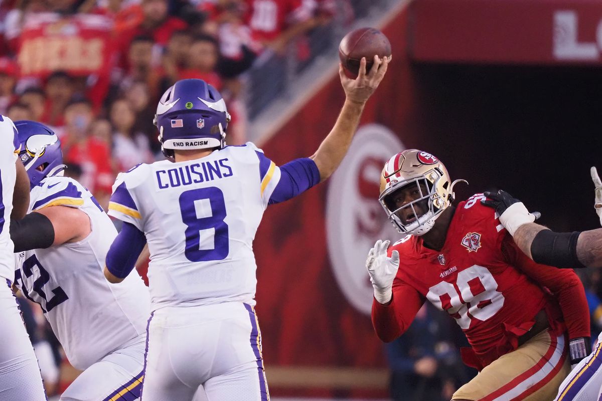 Minnesota Vikings quarterback Kirk Cousins (8) throws under pressure from San Francisco 49ers defensive end Arden Key (98) during the fourth quarter at Levi’s Stadium.&nbsp;