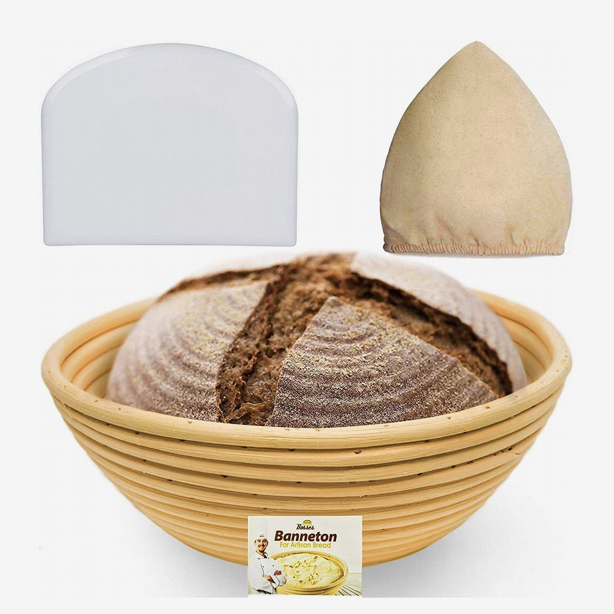 A proofing basket with a loaf of bread