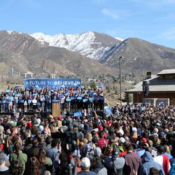 Democratic presidential candidate and Vermont Sen. Bernie Sanders gives a speech to supporters at This is the Place Heritage Park in Salt Lake City, Friday, March 18, 2016.
