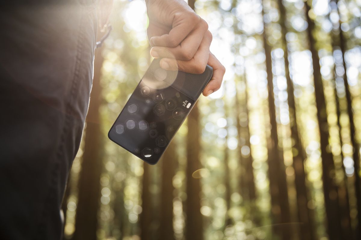 A hand holding a phone in a forest; the phone is in sharp focus and the background is blurred with an effect called bokeh. 