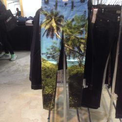 palm-printed jeans, $75