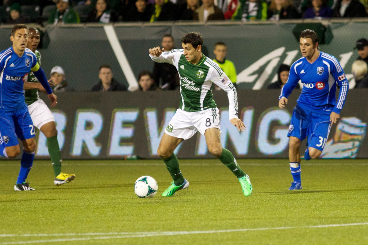 Davy Arnaud and Andrea Pisanu move to close down Diego Valeri