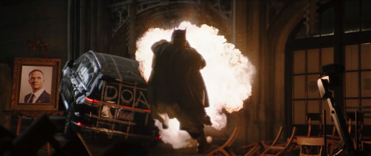 The Batman is exploded by a bomb!