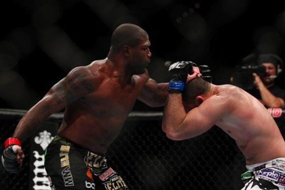 Matt Hamill tangles with Quinton "Rampage" Jackson at UFC 130. <em>Image via Esther Lin of MMA Fighting</em>