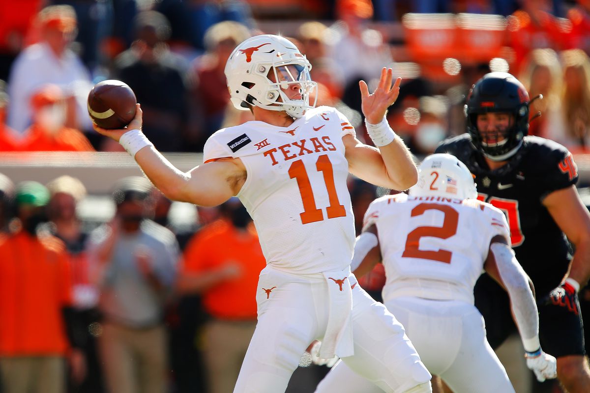 Quarterback Sam Ehlinger #11 of the Texas Longhorns throws against the Oklahoma State Cowboys in the second quarter at Boone Pickens Stadium on October 31, 2020 in Stillwater, Oklahoma.