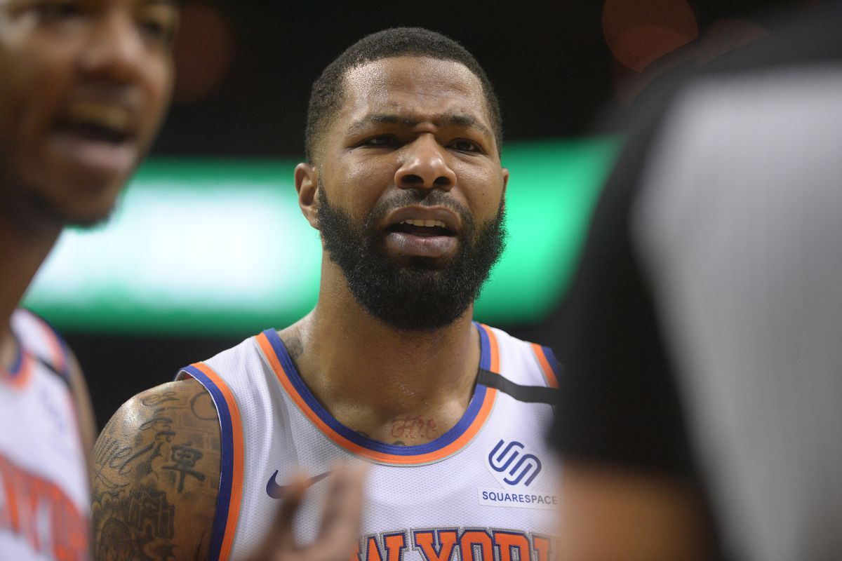New York Knicks forward Marcus Morris Sr. argues about a foul call during the second half against the Charlotte Hornets at the Spectrum Center. Hornets won 97-92.