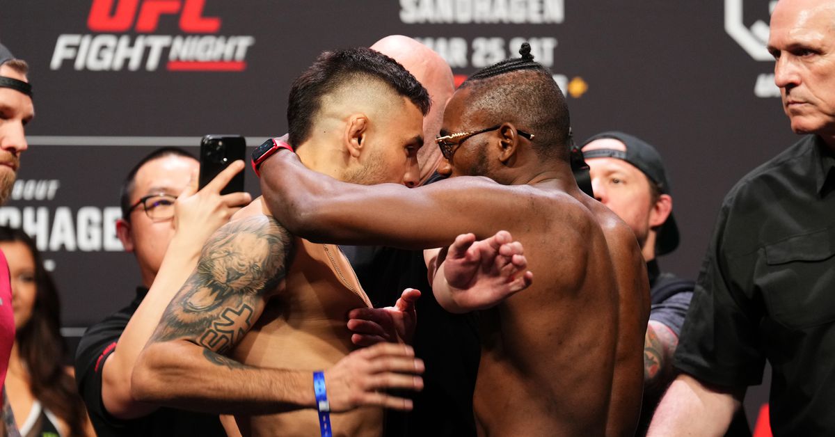 UFC San Antonio staredowns: Manel Kape, Alex Perez have to be separated after scuffle over ‘snitches’