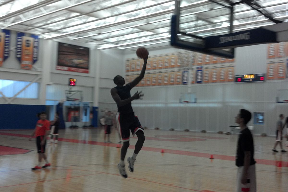 Jerami Grant sails in for a layup during practice Friday afternoon.