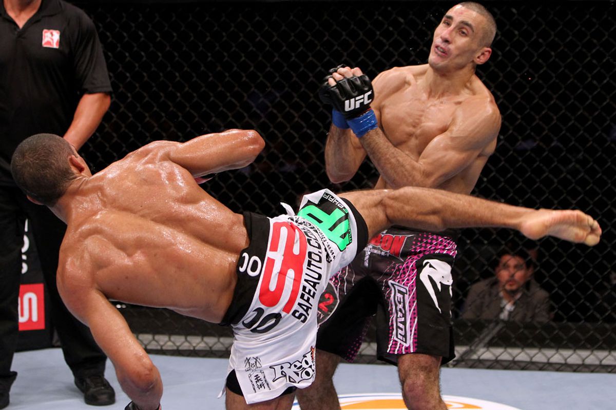 Edson Barboza used a wheel kick to knock out Terry Etim at the UFC 142 event on Sat., Jan. 14, 2012, at the HSBC Arena in Rio de Janeiro, Brazil. 