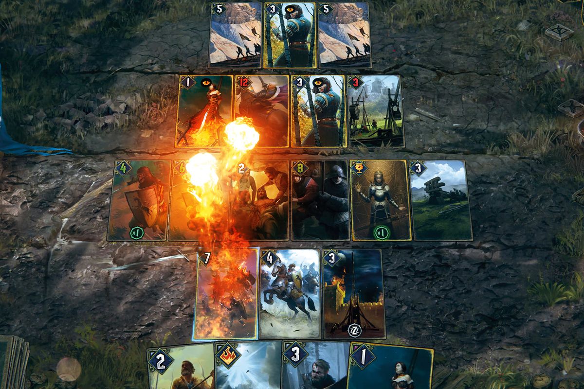 a playing board in Gwent, showing several cards arrayed in a top-to-bottom pattern. the cards all have fantasy-themed artwork, and an animated fireball rises off one at left.