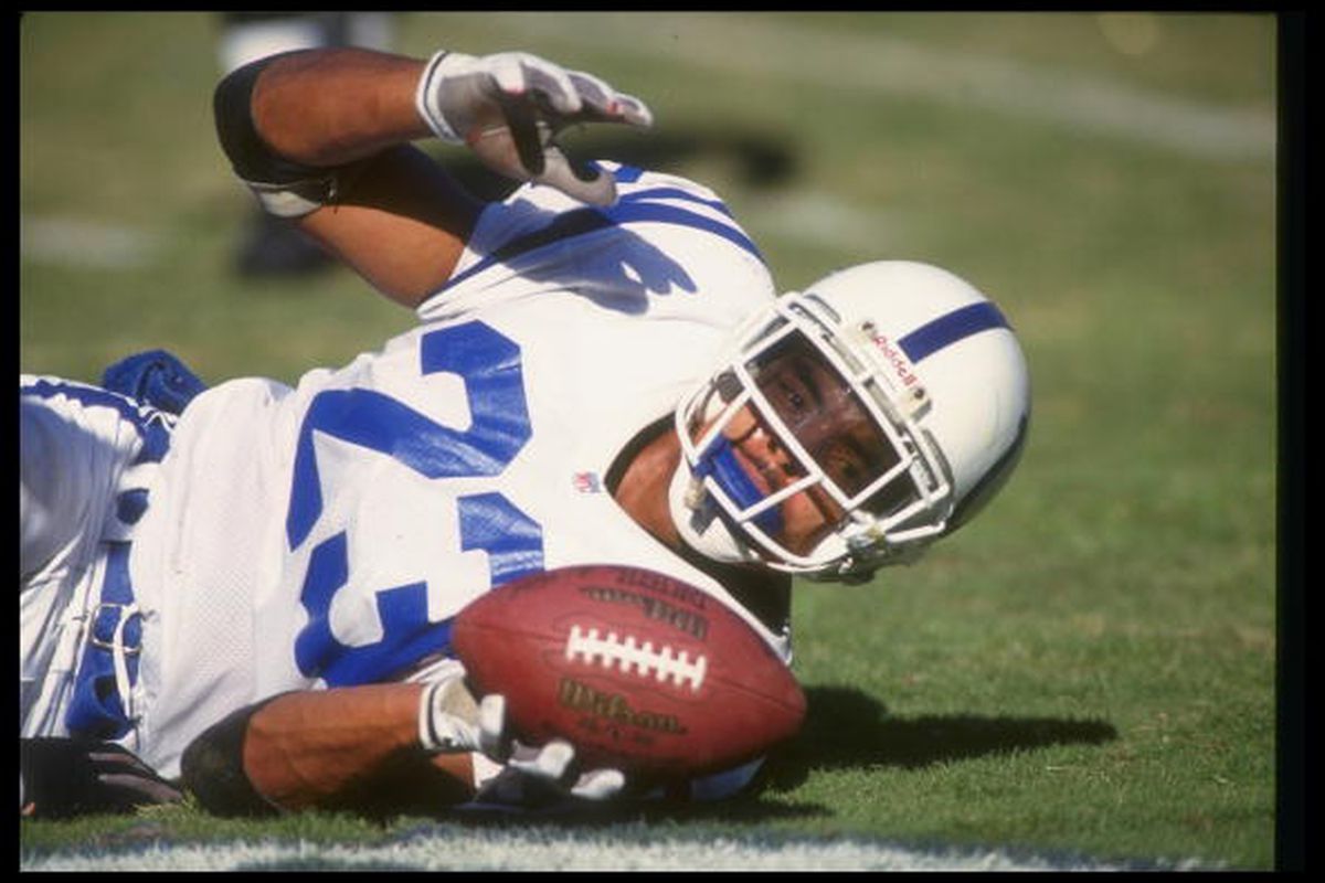 1 Nov 1992: Running back Anthony Johnson of the Indianapolis Colts lies on the ground with the ball during a game against the San Diego Chargers at the RCA Dome in Indianapolis, Indiana. The Chargers won the game, 26-0. Photographer: Gary Newkirk 