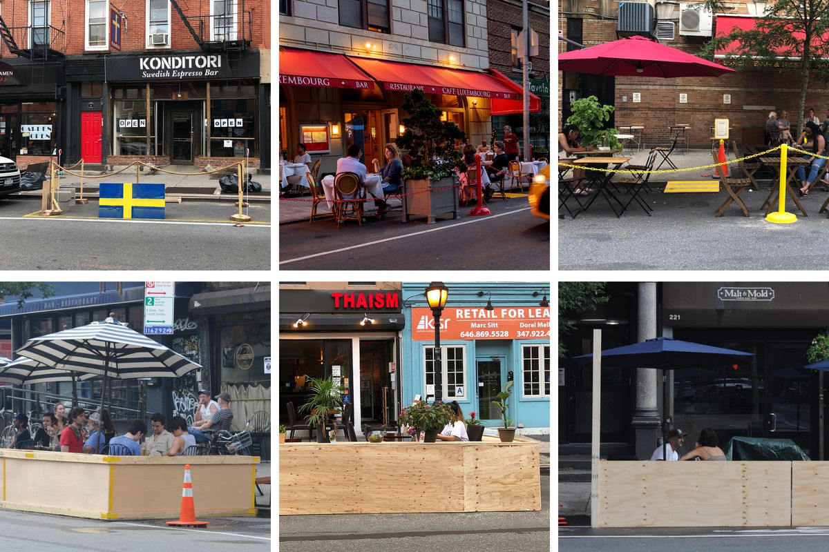 A grid of images where the top row shows restaurants that chained off their outdoor restaurants. The bottom row shows plywood enclosures with no adornment.