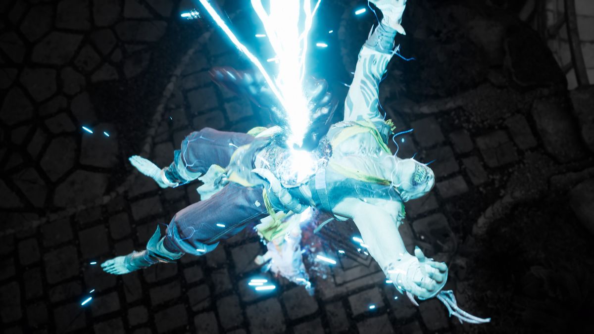 Raiden blasts a lightning bolt through Baraka in Mortal Kombat 1