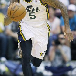 Utah's Mo Williams pushes the ball up court as the Utah Jazz and the Denver Nuggets play Wednesday, April 3, 2013 in Salt Lake City at EnergySolutions Arena. Denver beat the Jazz 113-96.