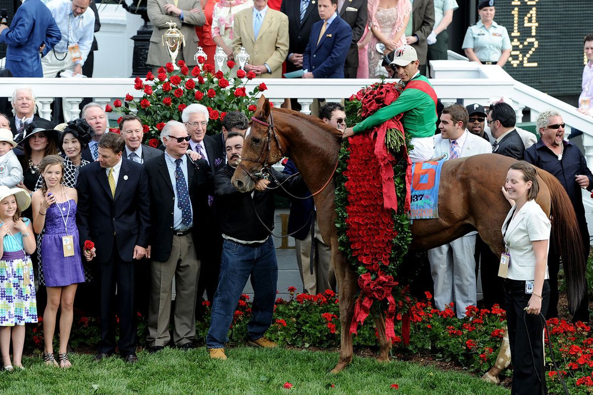 LOUISVILLE, KY - MAY 07:  Jockey John Valazquez, riding Animal Kingdom #16, celebrates with the roses winning the 137th Kentucky Derby at Churchill Downs on May 7, 2011 in Louisville, Kentucky.  (Photo by Harry How/Getty Images)