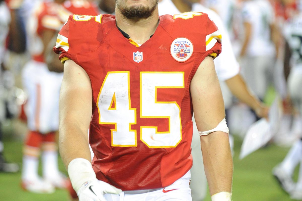 August 24, 2012; Kansas City, MO, USA; Kansas City Chiefs running back Nate Eachus (45) leaves the field after the game against the Seattle Seahawks at Arrowhead Stadium. Seattle won the game 44-14. Mandatory Credit: Denny Medley-US PRESSWIRE