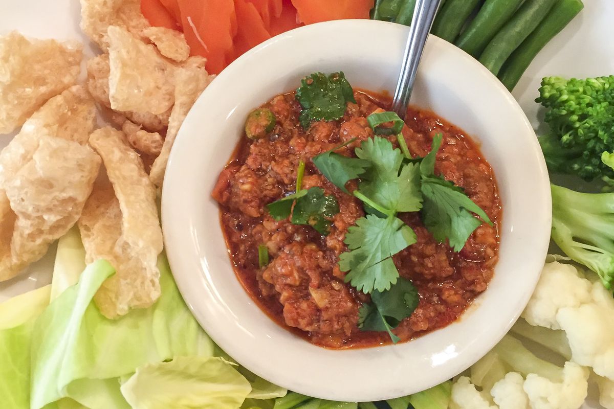 Nam Prik Ong — Northern Thai red chili dip composed of ground pork, tomato, and spices; served with assorted vegetables and fried pork rinds — at Lotus of Siam