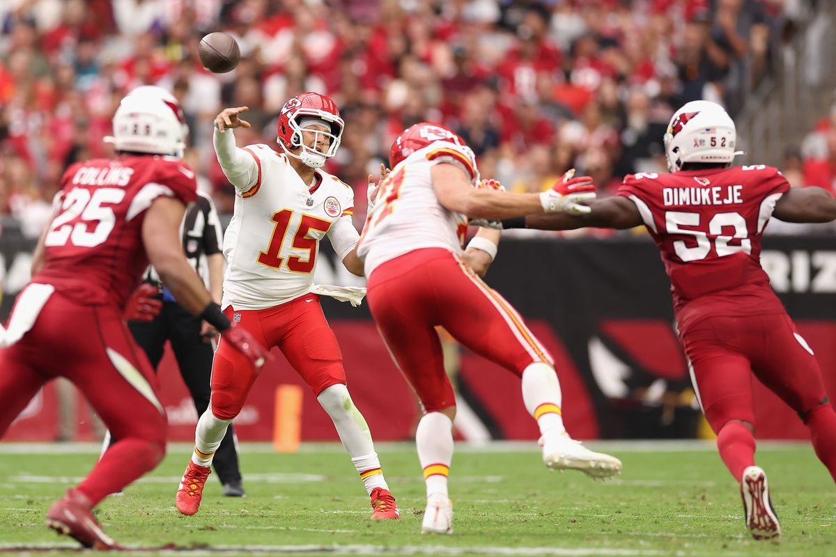 Quarterback Patrick Mahomes #15 of the Kansas City Chiefs throws a pass during the NFL game at State Farm Stadium on September 11, 2022 in Glendale, Arizona. The Chiefs defeated the Cardinals 44-21.  &nbsp;   