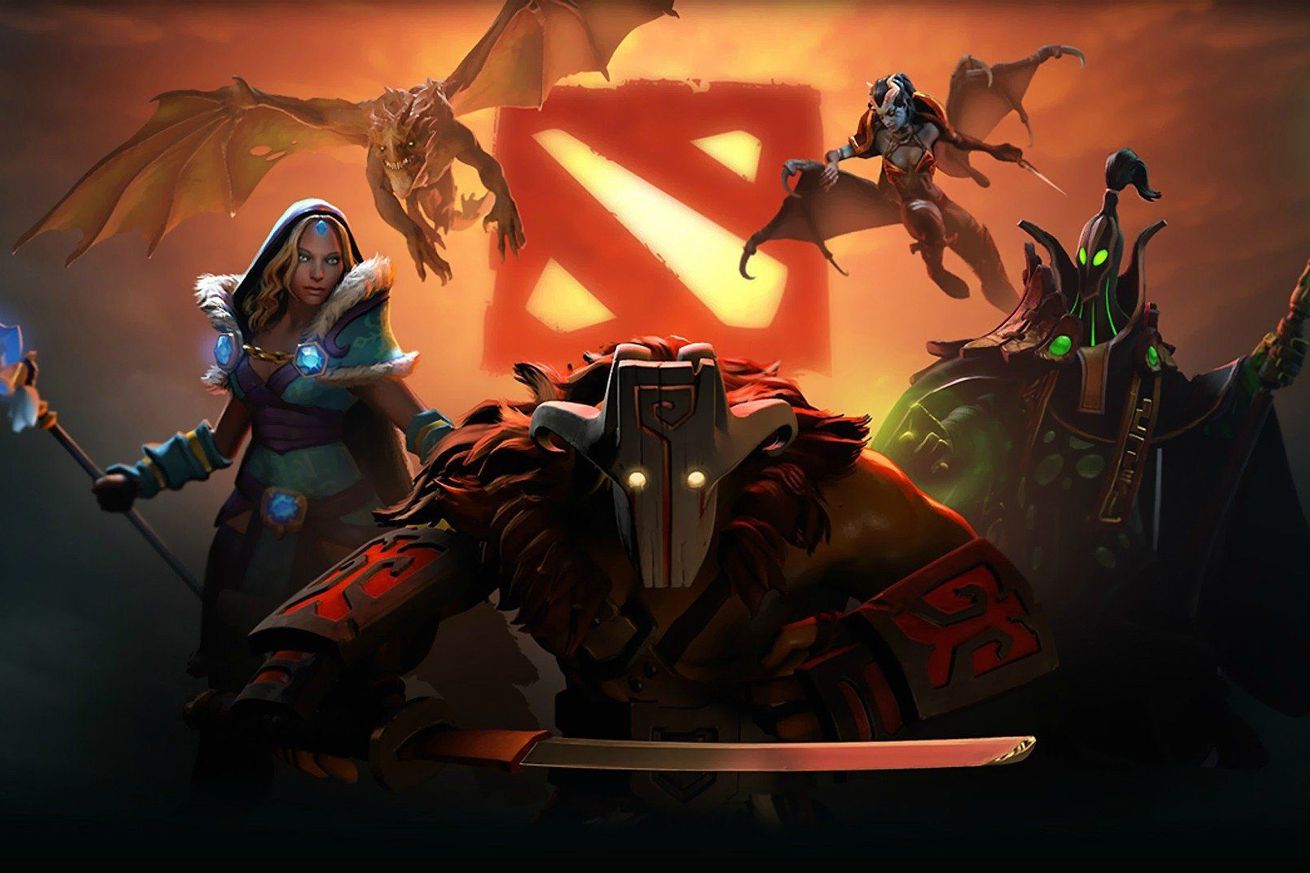 Official artwork from the Dota 2 MOBA game, displaying a selection of characters in front of the Dota logo.