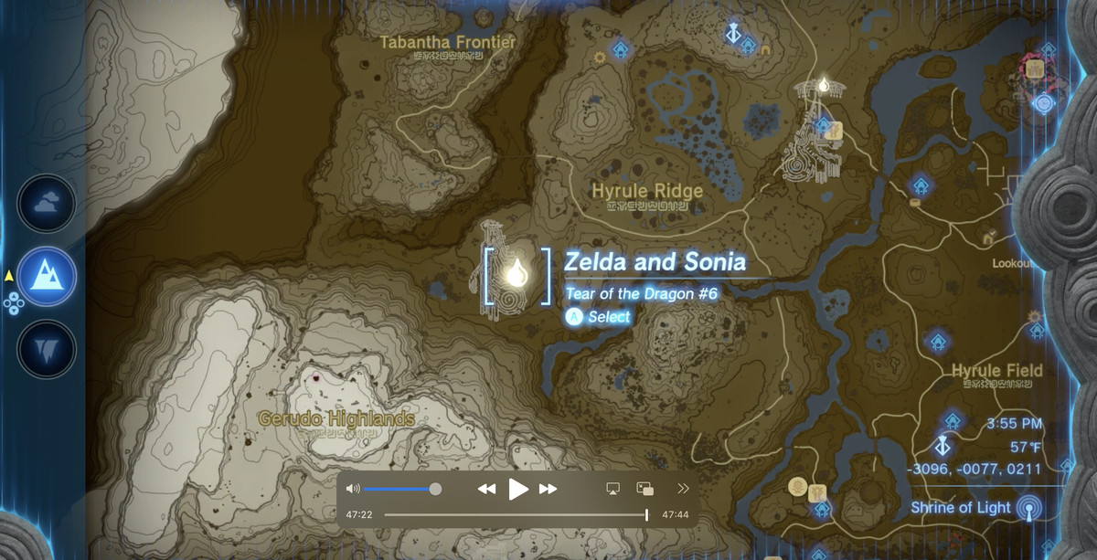 The glyph and Dragon Tear location for Tear#6: Zelda and Sonia in The Legend of Zelda;  Tears of the Kingdom