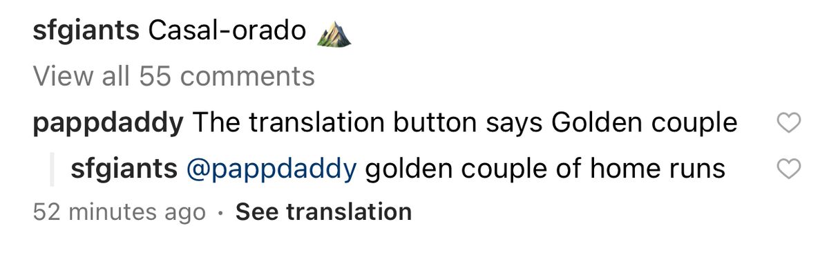 Giants Instagram caption that says “Casal-orado,” with a commenter responding, “The translation button says Golden couple,” and the Giants responding “golden couple of home runs”