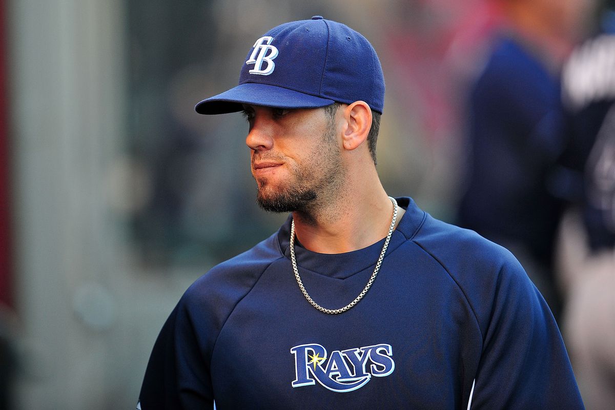 July 28, 2012; Anaheim, CA, USA; Tampa Bay Rays starting pitcher James Shields (33) during the first inning against the Los Angeles Angels at Angel Stadium. Mandatory Credit: Gary A. Vasquez-US PRESSWIRE