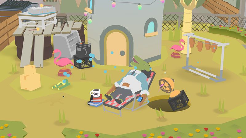 Donut County - guy passed out on a lawn chair in his yard