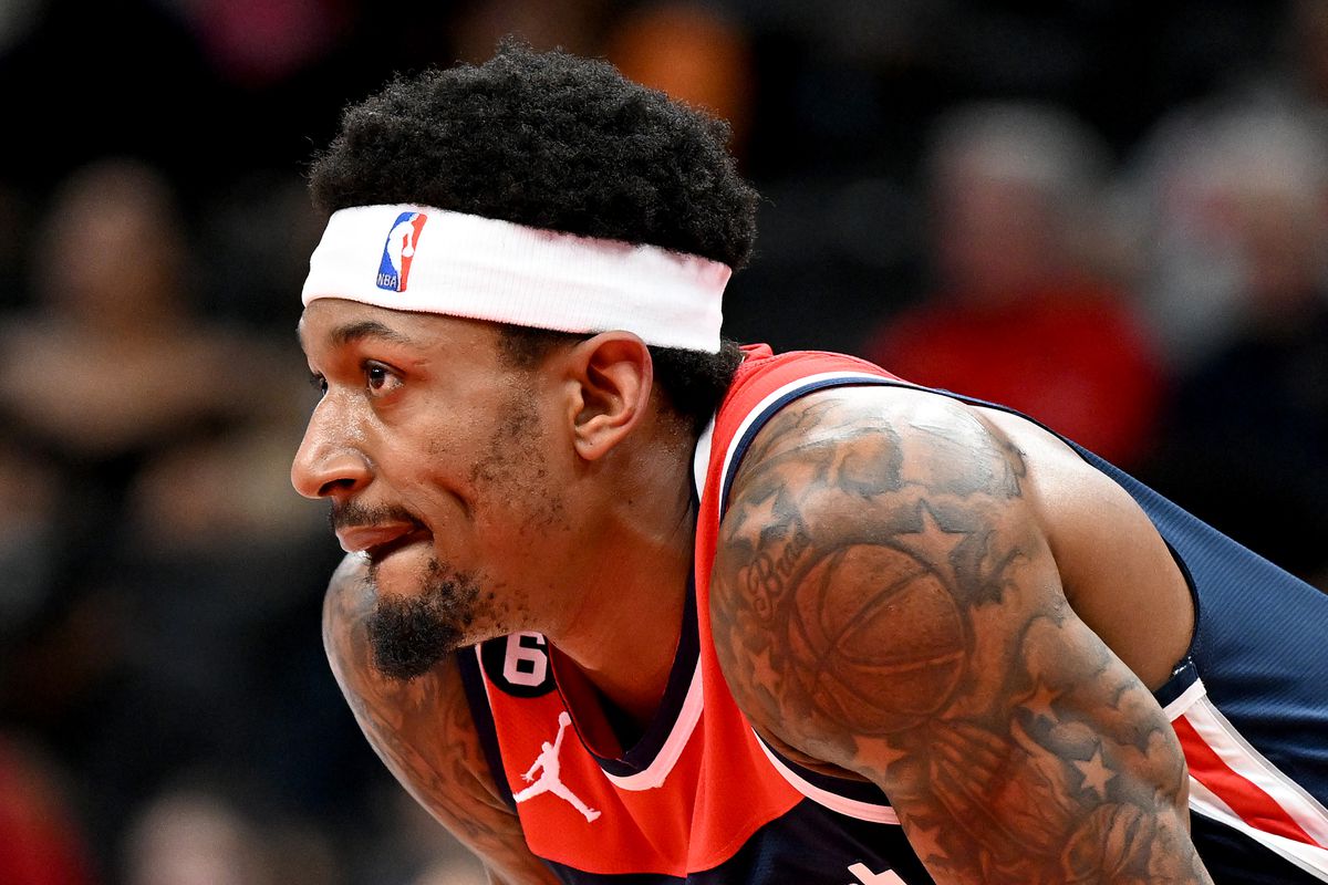 WASHINGTON, DC - MARCH 18: Bradley Beal #3 of the Washington Wizards rests during a break in the game against the Sacramento Kings at Capital One Arena on March 18, 2023 in Washington, DC.