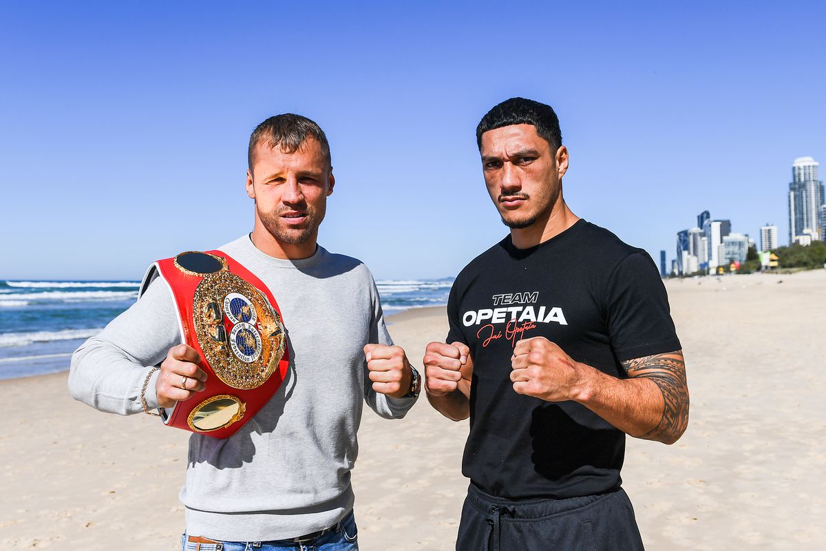 Mairis Briedis and Jai Opetaia pose during a media opportunity on June 24, 2022 in Surfers Paradise, Australia.