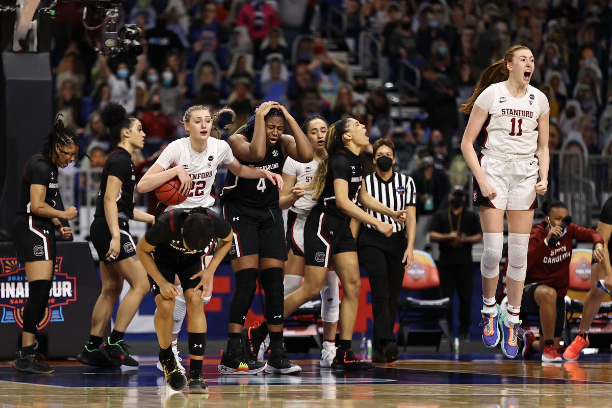 The Stanford Cardinal celebrate after defeating the South Carolina Gamecocks in the Final Four semifinal game of the 2021 NCAA Women’s Basketball Tournament at the Alamodome on April 02, 2021 in San Antonio, Texas.