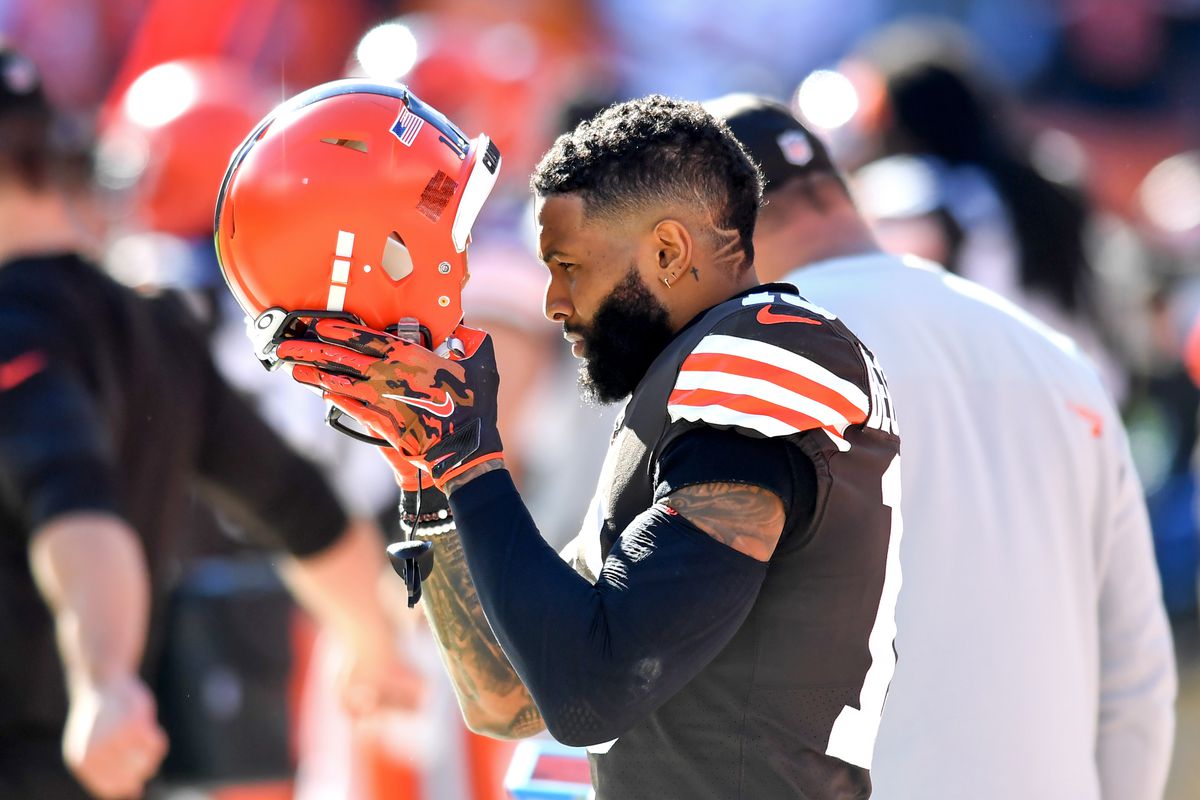 Odell Beckham Jr. #13 of the Cleveland Browns puts on his helmet during the second half against the Pittsburgh Steelers at FirstEnergy Stadium on October 31, 2021 in Cleveland, Ohio.