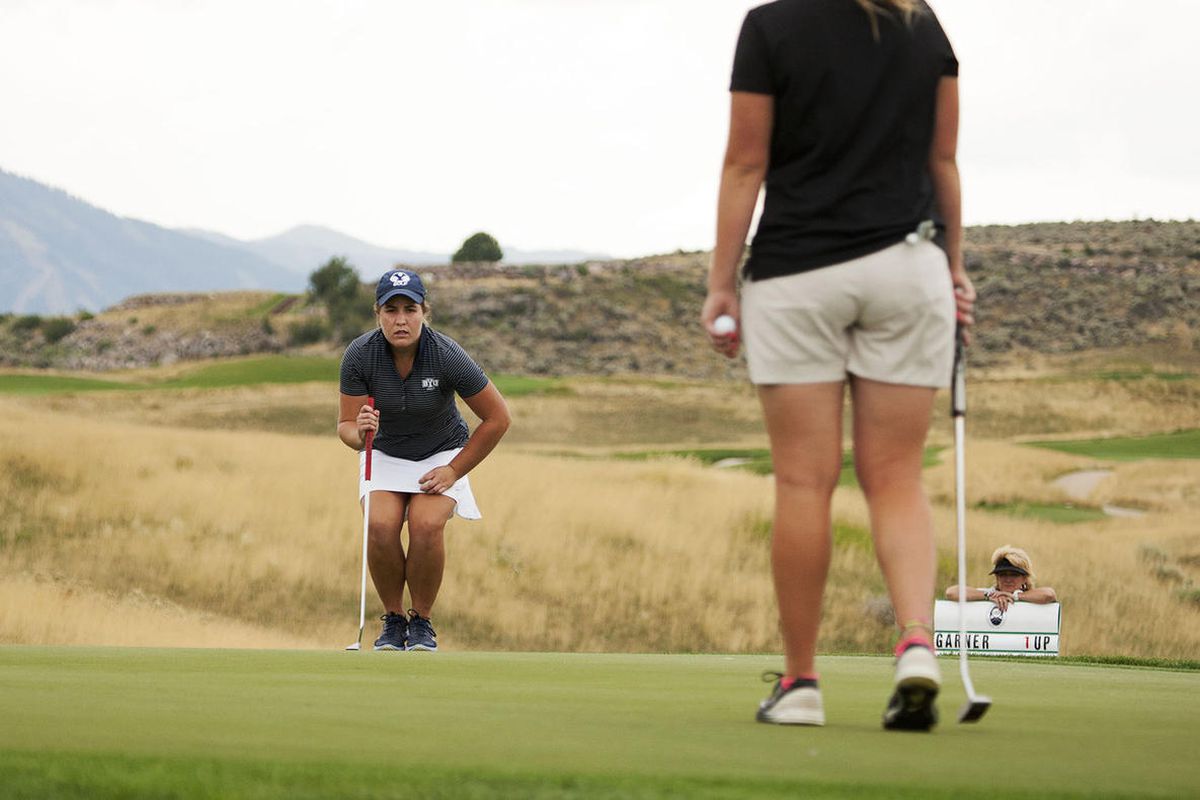 Kendra Dalton lines up a putt in the 110th Utah Women's State Amateur Golf Tournament Finals at Victory Ranch in Kamas, Friday, Aug.  5, 2016.