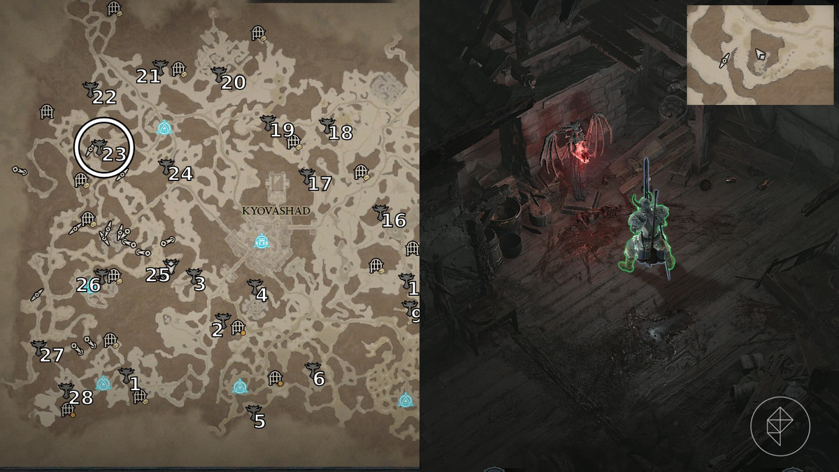 Altar of Lilith 23 found in a log cabin in Melnik’s Hill of Diablo 4 / Diablo IV depicted by an annotated map and an in game screenshot.