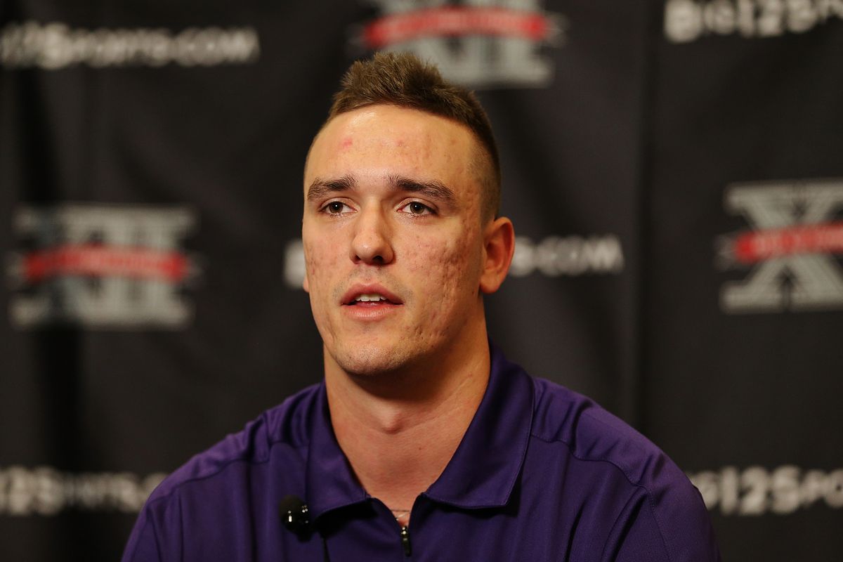 Jul 23, 2012; Dallas, TX, USA; TCU Horned Frogs quarterback Casey Pachall speaks to reporters during Big 12 Media Day at the Westin Galleria.  Mandatory Credit: Kevin Jairaj-US PRESSWIRE