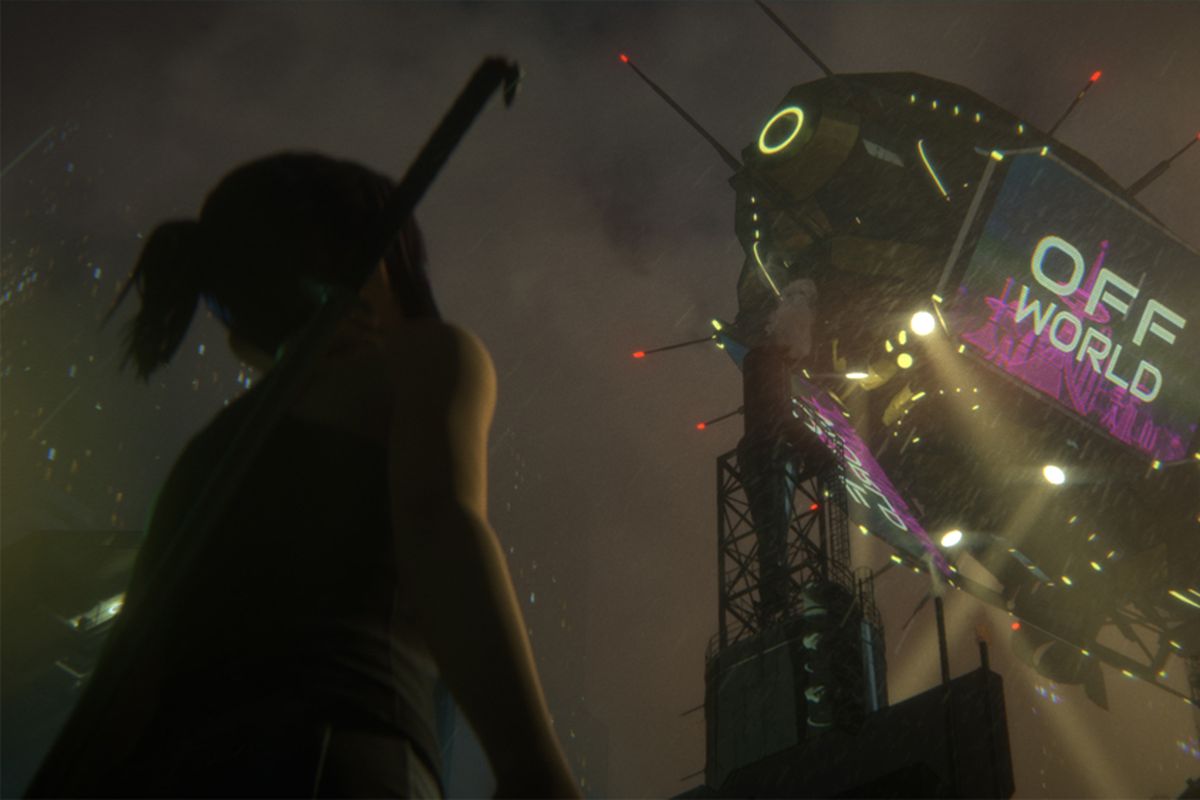 Blade Runner Black Lotus: A woman looks up at a future blimp