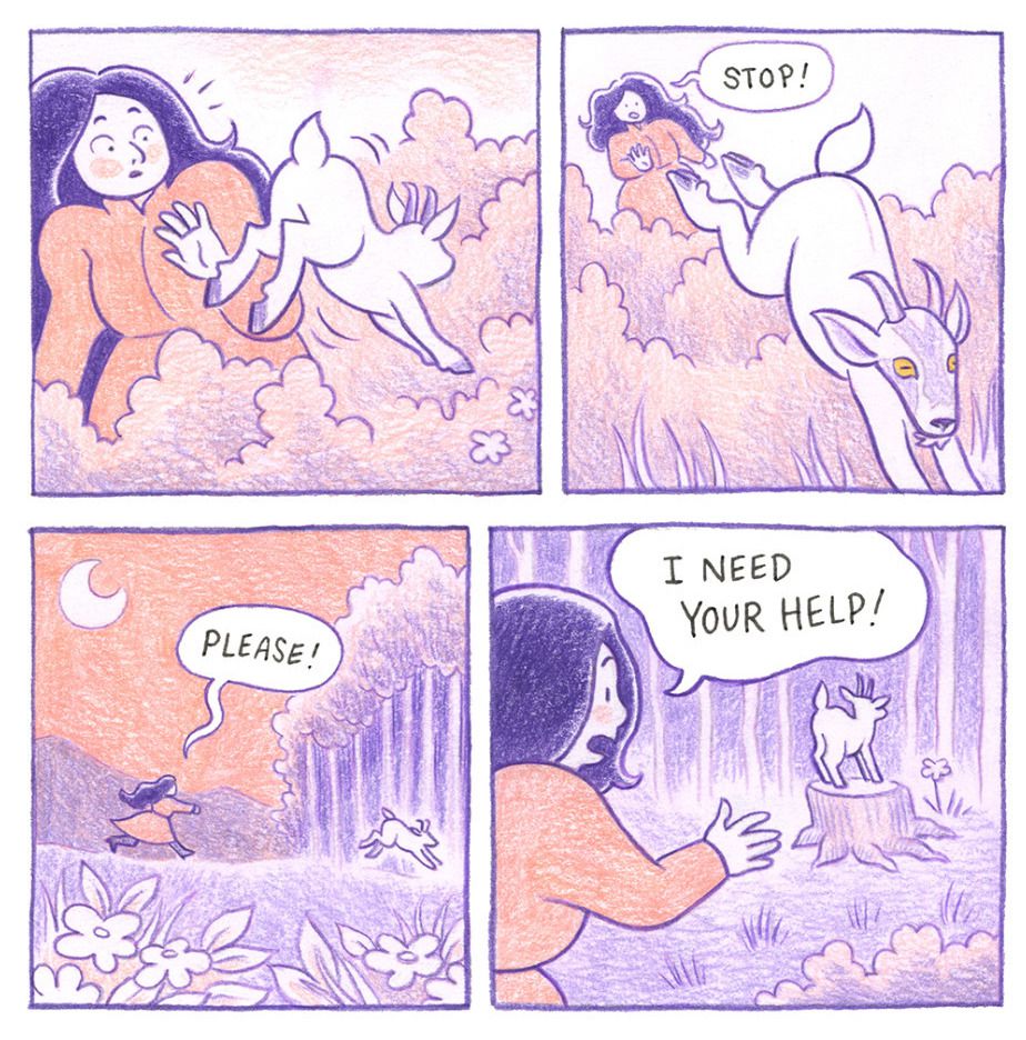 A four-panel block from Mel Gillman’s “Hsthete” comic, with a woman chasing a small white goat into the woods, begging for its help