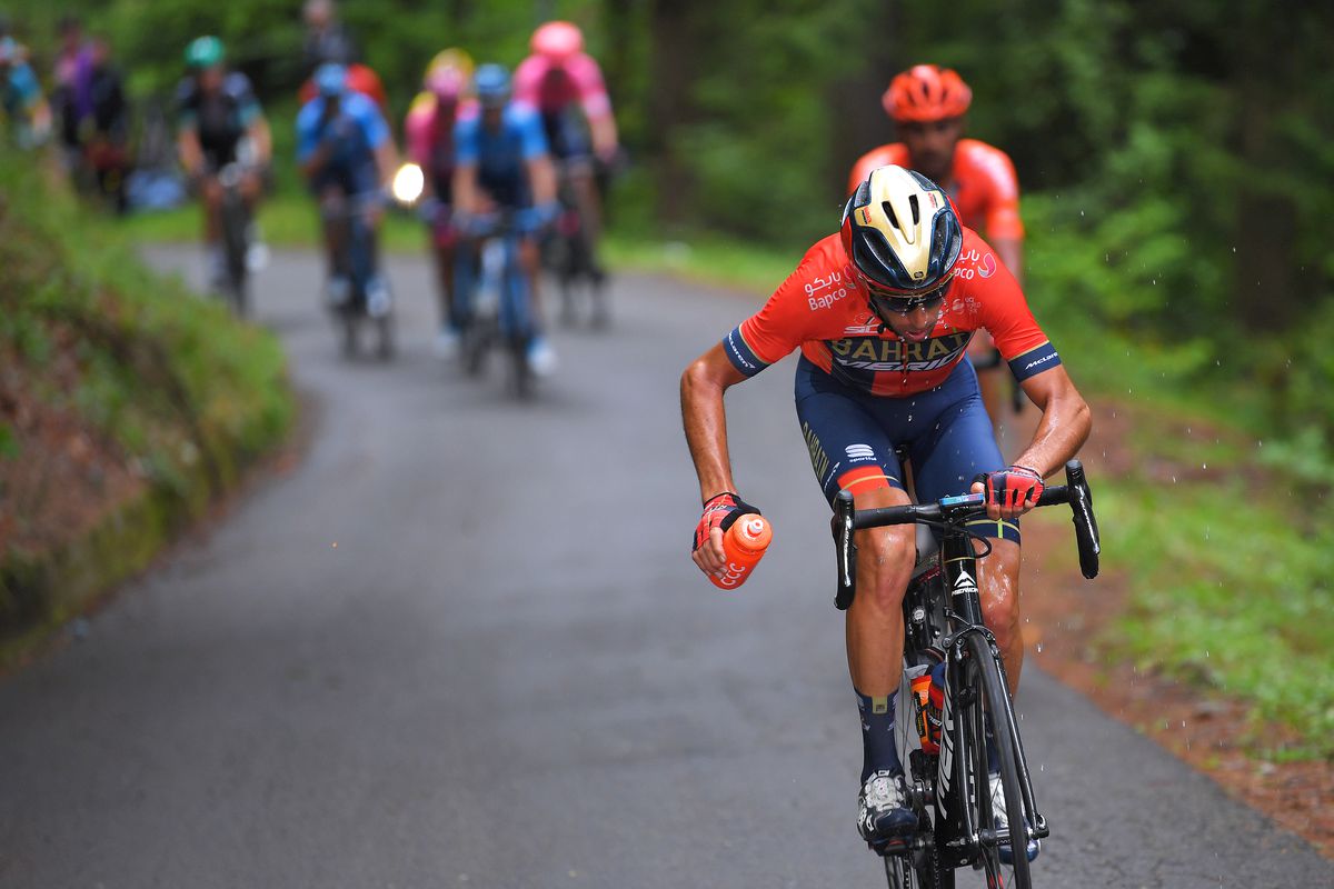 LOVERE, ITALY - MAY 28: Vincenzo Nibali of Italy and Team Bahrain - Merida / Refreshment / Passo del Mortirolo (1854m)/ Rain / during the 102nd Giro d’Italia 2019, Stage 16 a 194km stage from Lovere to Ponte di Legno 1254m / Tour of Italy / #Giro / @girod