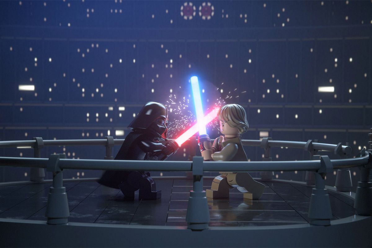 In this screenshot from the LEGO Star Wars: Skywalker Saga, LEGO versions of Luke Skywalker and Darth Vader cross their lightsabers.