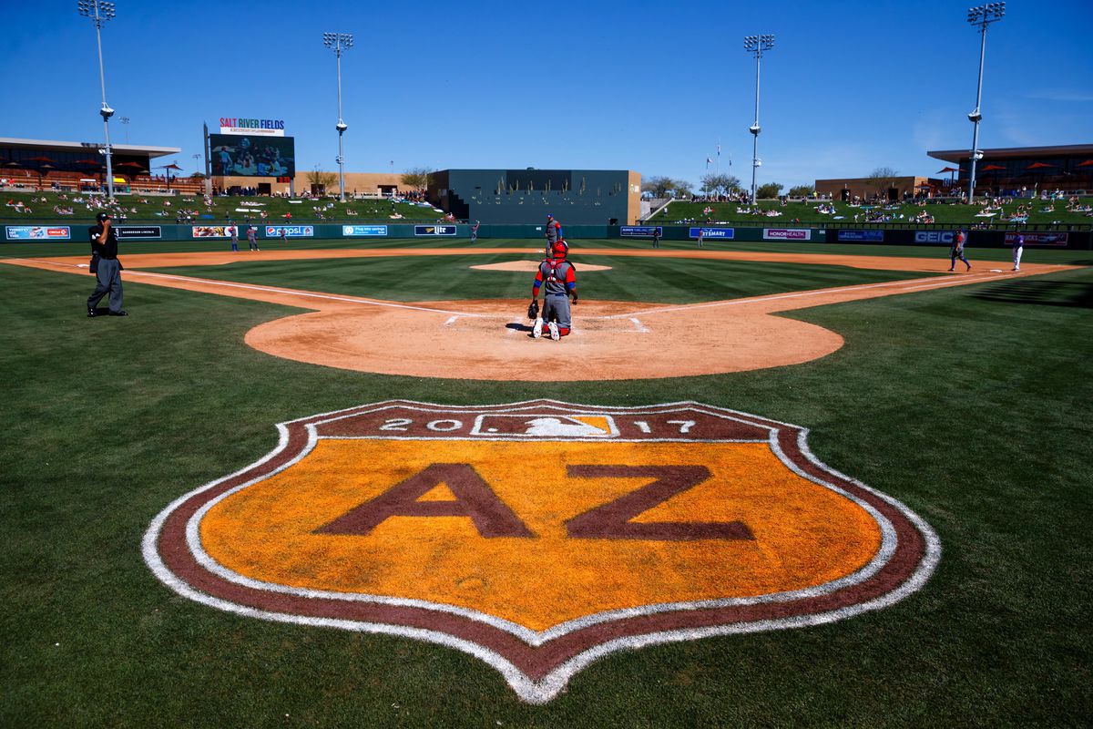General view of the Cactus League Spring Training logo on the field during the Puerto Rico game against the Colorado Rockies during a 2017 World Baseball Classic exhibition game at Salt River Fields.&nbsp;