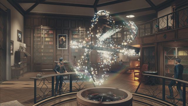 The Starfield artifact with many pieces floating around in the center of a large library-like room