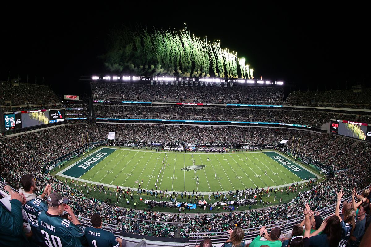 A general view of fireworks prior to the start of the game between the Minnesota Vikings and the Philadelphia Eagles at Lincoln Financial Field on September 14, 2023 in Philadelphia, Pennsylvania.