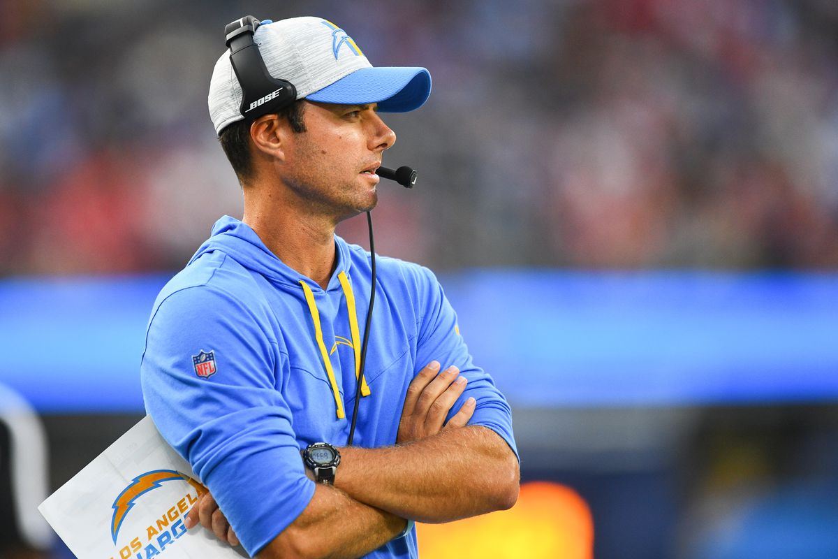 &nbsp;Los Angeles Chargers head coach Brandon Staley looks on during the NFL preseason game between the San Francisco 49ers and the Los Angeles Chargers on August 22, 2021, at SoFi Stadium in Inglewood, CA.