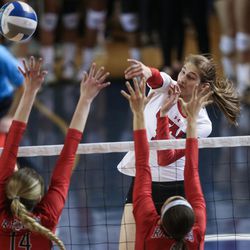 Utah middle blocker Carly Trueman sends the ball over the net in an NCAA first round match against UNLV at Smith Fieldhouse in Provo on Friday, Dec. 2, 2016.