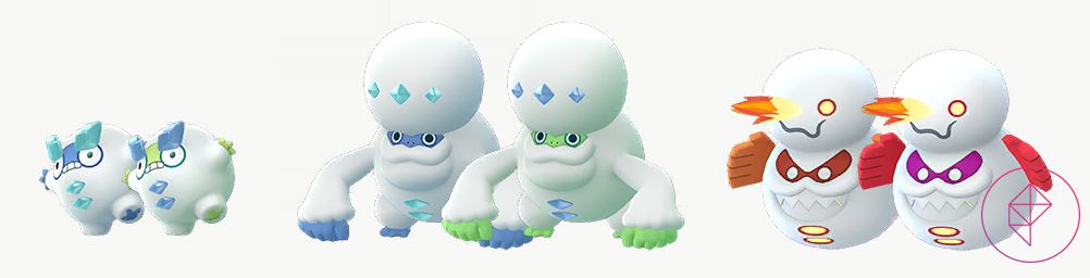 Shiny Galarian Darumaka and Darmanitan with its regular forms. Both have a green tint rather than light blue, but the Zen form of Darmanitan is pink instead of red.